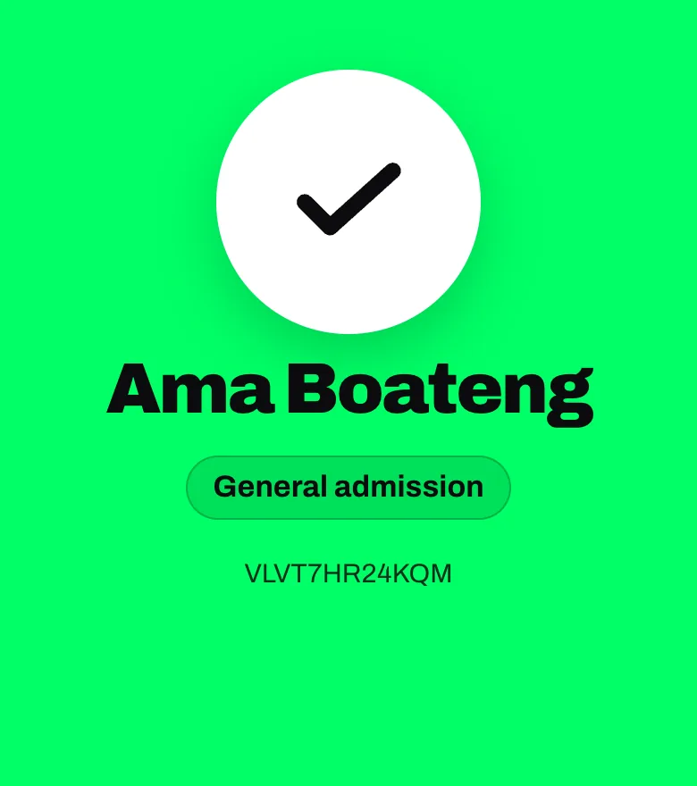 Vessa's door scanner after a good scan of that ticket: a green screen with a tick, the guest's name and her ticket type, General admission.