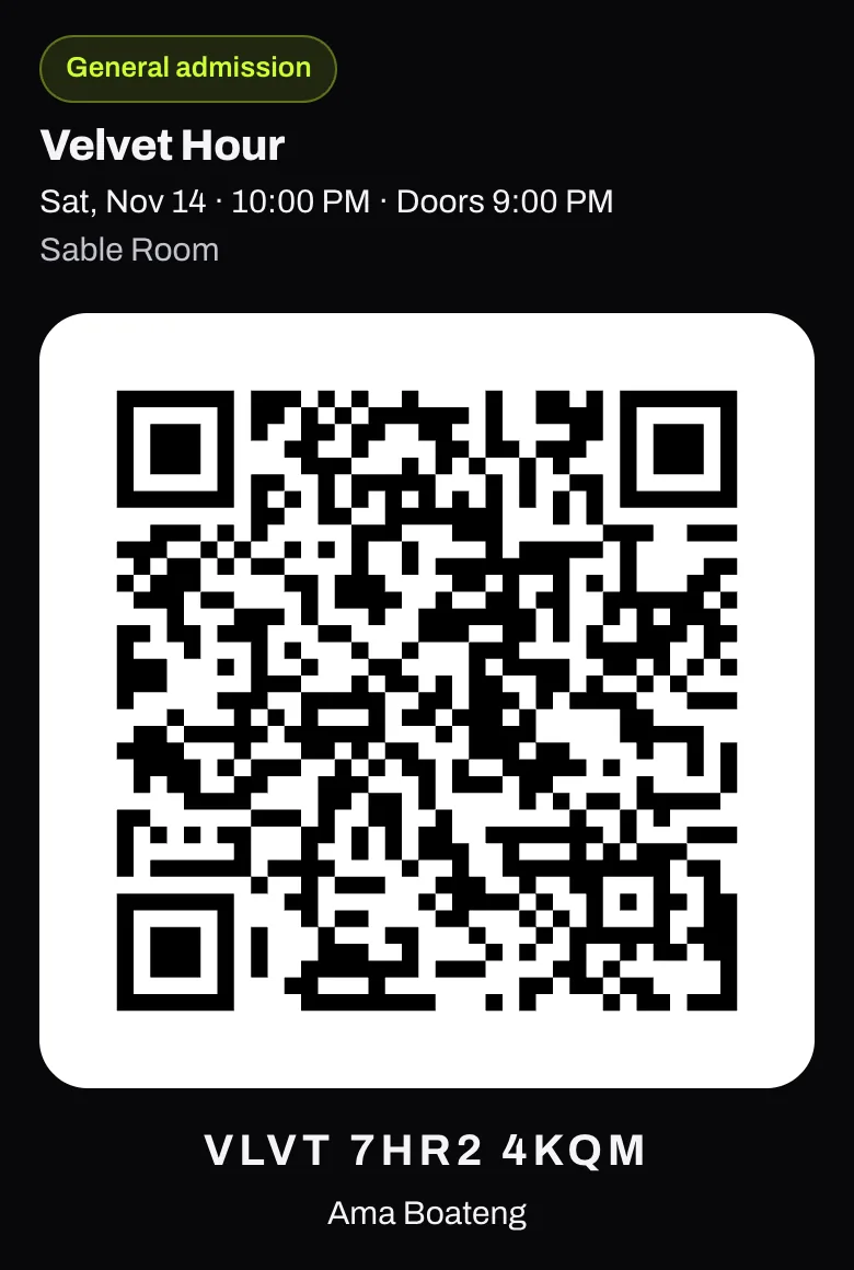 A guest's ticket for a made-up night, Velvet Hour: the ticket type, the date, the venue and the QR code the door scans.