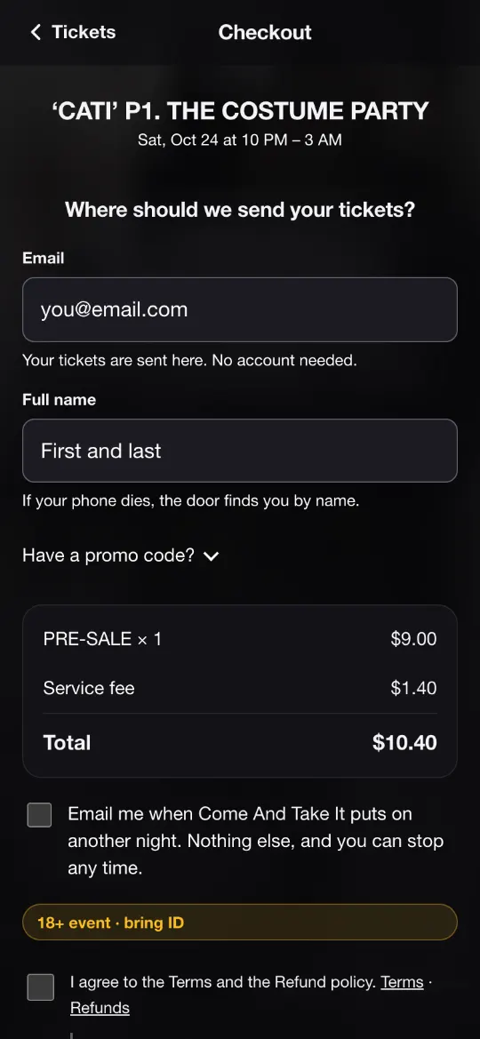 Checkout on a phone: an email field, a name field, and the total, a $9 ticket plus a $1.40 fee, $10.40.