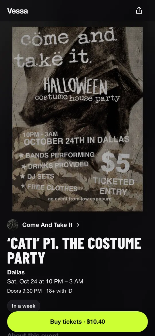 The event page on a phone: the Come And Take It flyer, the title CATI P1. The Costume Party, Dallas, Saturday 24 October at 10 PM, and a Buy tickets button.