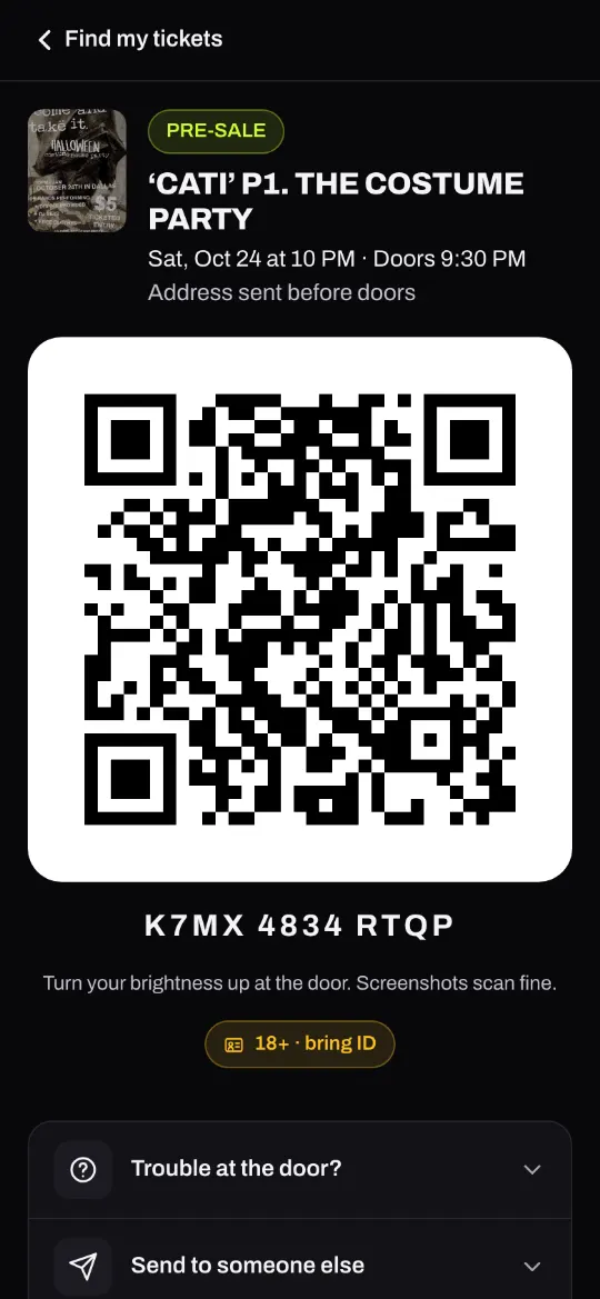The ticket on a phone: the flyer, PRE-SALE, the night and its time, and a large QR code.
